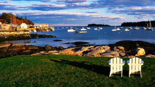 This is an image of two white lawn chairs facing toward the nearby harbor. There are fishing boats moored in the harbor in this small lobster village. The chairs are surrounded by green grass and the harbor has clear blue water. The sky is blue with white clouds.