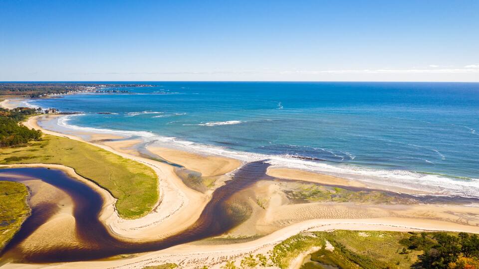 Aerial view of Little River estuary in Wells Estuarine Reserve, Maine