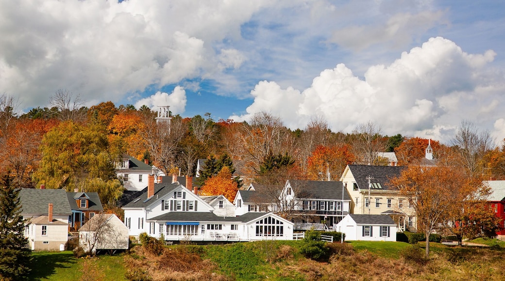 Waterfront homes surrounded by fall color in Wiscasset Maine,