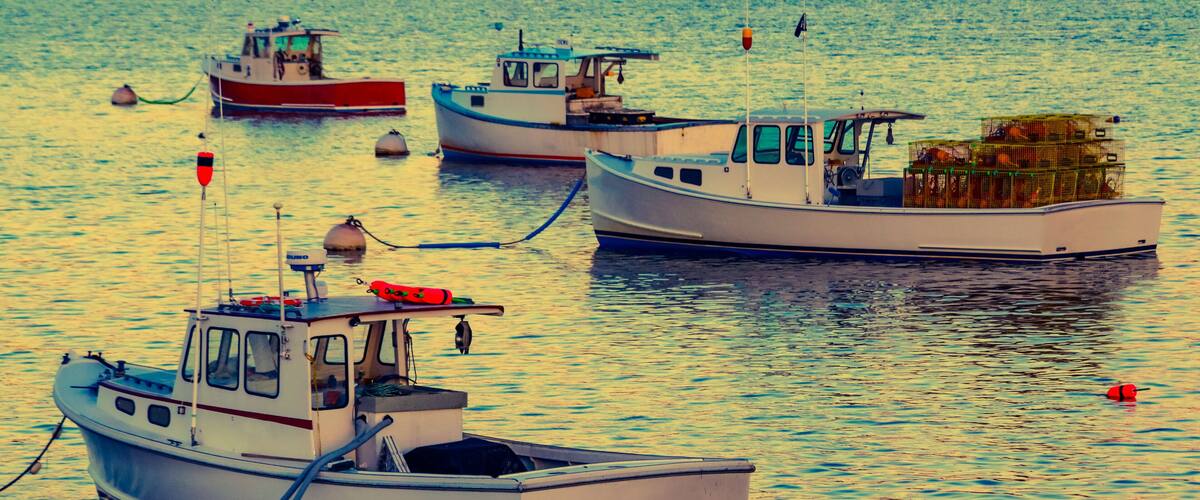 Lobster boats moored in the Sheepscot River at the Wiscasset Waterfront at sunset