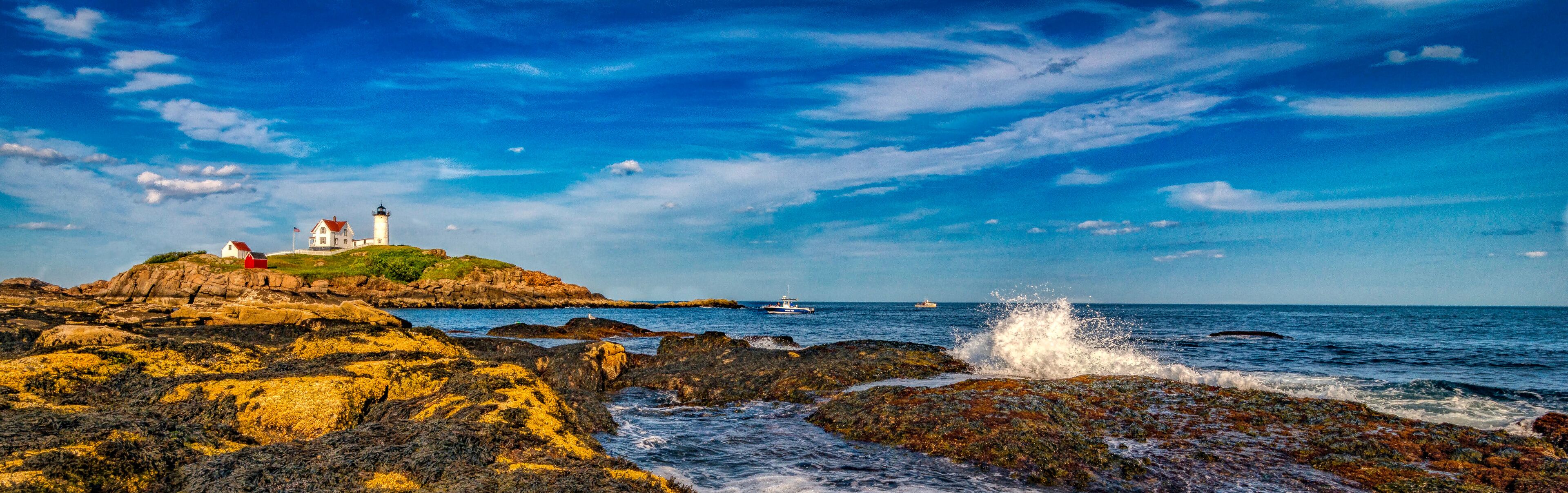Wide Landscape view of the Nubble Lighthouse, York Beach Maine. 