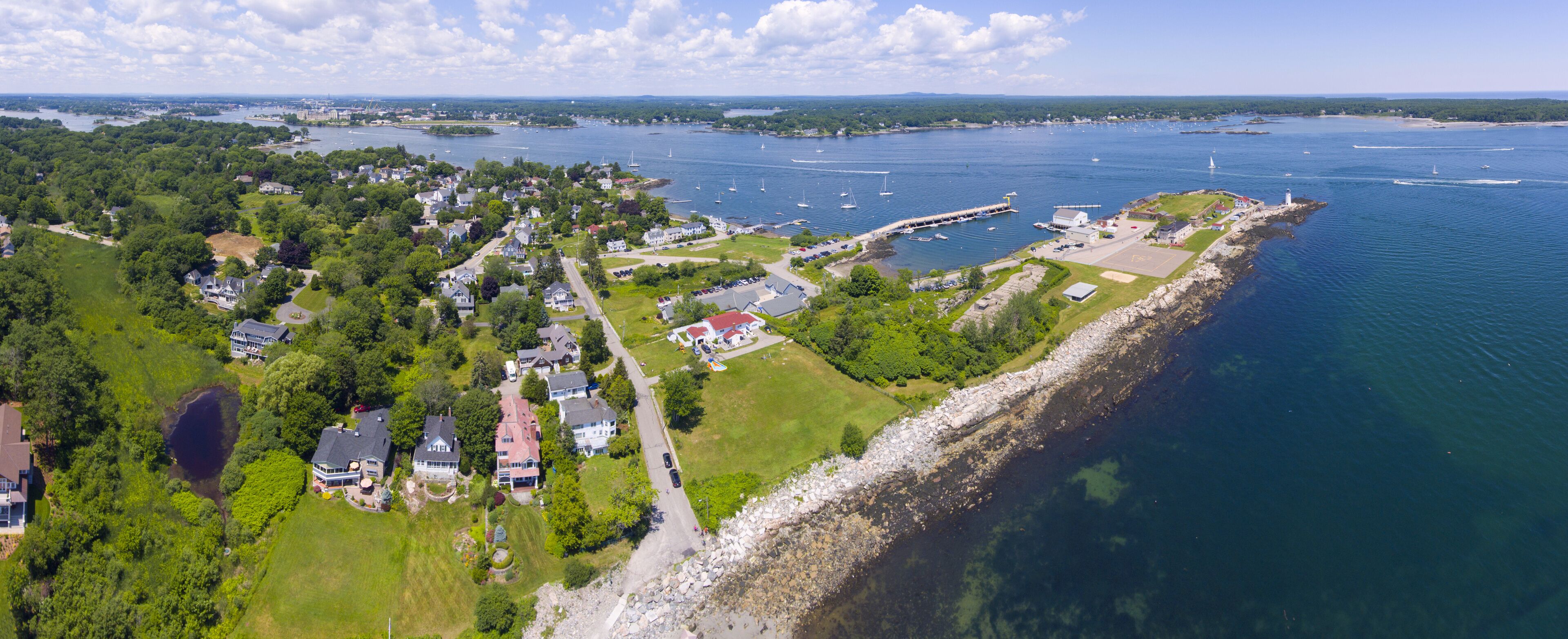 Portsmouth Harbor Lighthouse and Fort Constitution State Historic Site panorama aerial view in summer, New Castle, New Hampshire, USA.