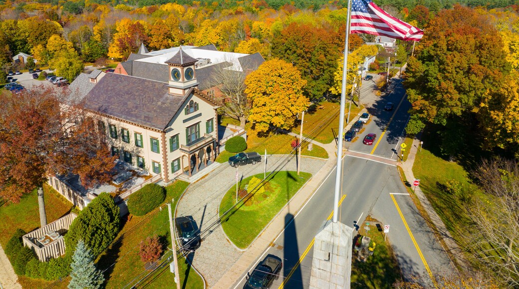 Acton Town Hall aerial view in 472 Main Street in historic town center of Acton, Massachusetts MA, USA.