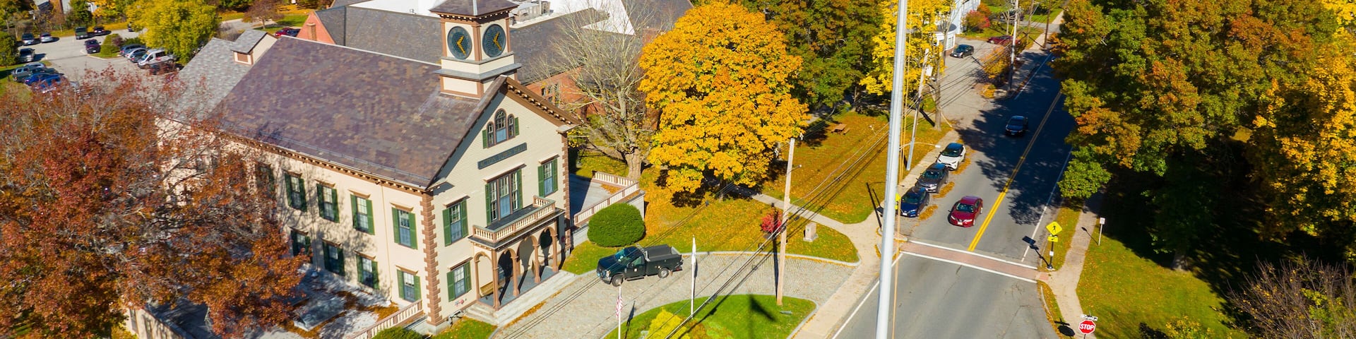 Acton Town Hall aerial view in 472 Main Street in historic town center of Acton, Massachusetts MA, USA.