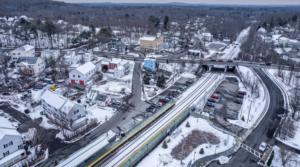 Aerial view of South Acton, Massachusetts in winter