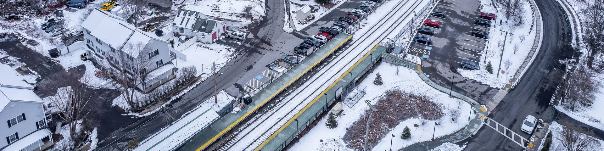 Aerial view of South Acton, Massachusetts in winter