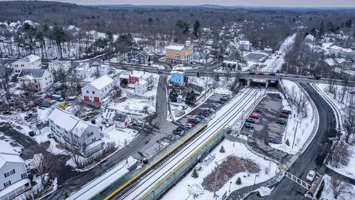 Aerial view of South Acton, Massachusetts in winter