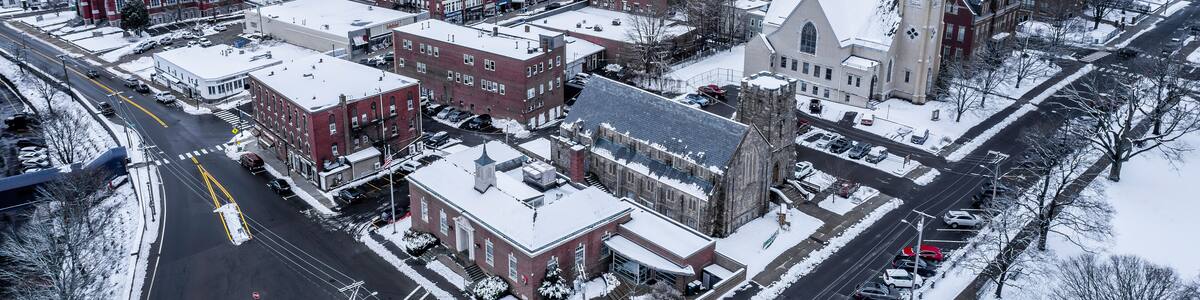 Aerial view of Clinton, Massachusetts in winter