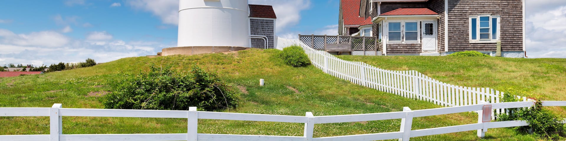 Nobska Point Light Lighthouse at sunny day, Woods Hole, Falmouth, Cape Cod Massachusetts, USA