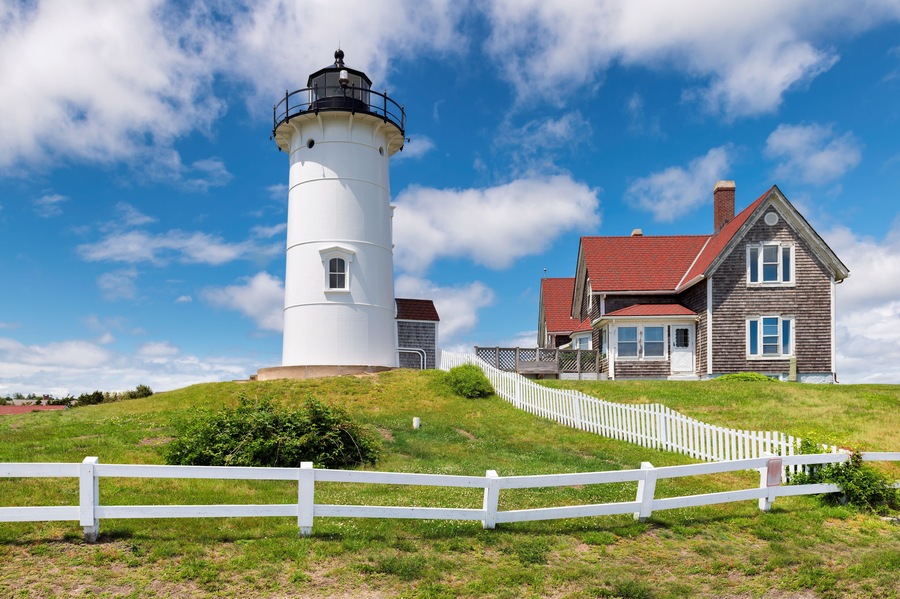 Nobska Point Light Lighthouse at sunny day, Woods Hole, Falmouth, Cape Cod Massachusetts, USA