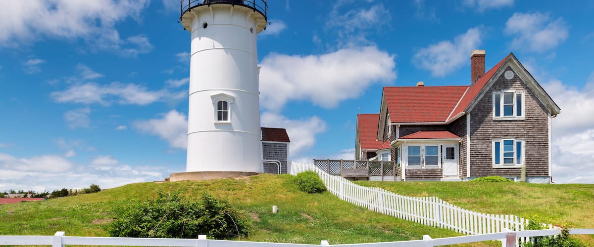 Nobska Point Light Lighthouse at sunny day, Woods Hole, Falmouth, Cape Cod Massachusetts, USA