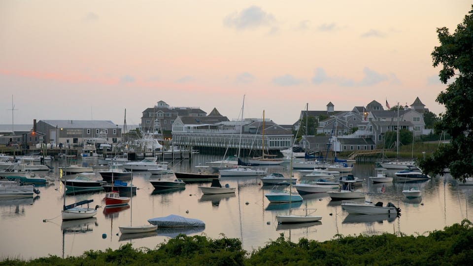 A marina with various boats docked, surrounded by residential buildings and lush greenery.