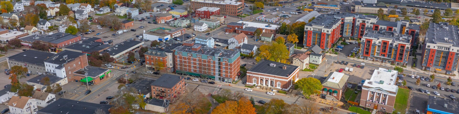 North Attleborough historic city center aerial view in fall on Washington Street at town common, city of North Attleborough, Massachusetts MA, USA.