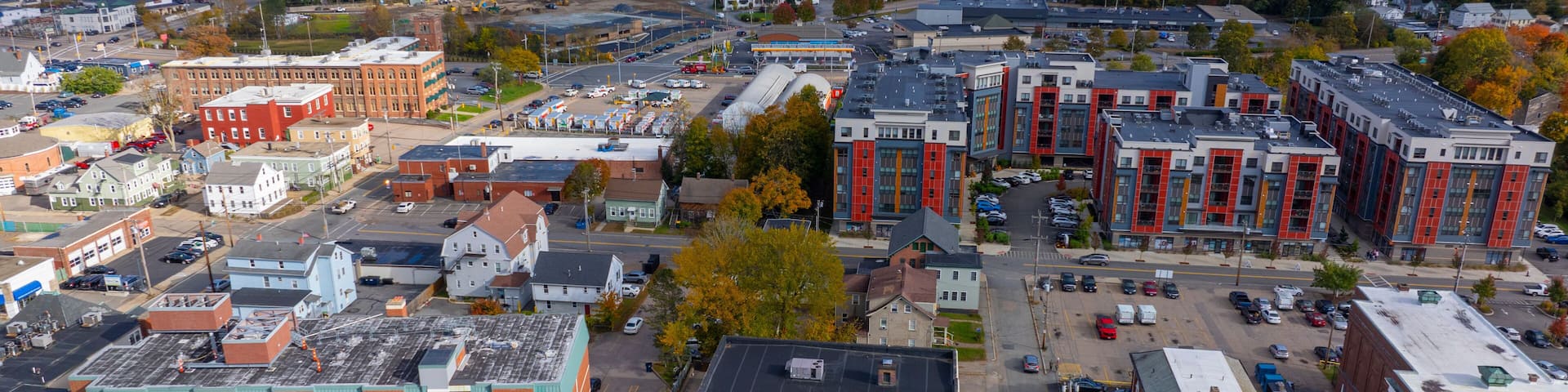North Attleborough historic city center aerial view in fall on Washington Street at town common, city of North Attleborough, Massachusetts MA, USA.