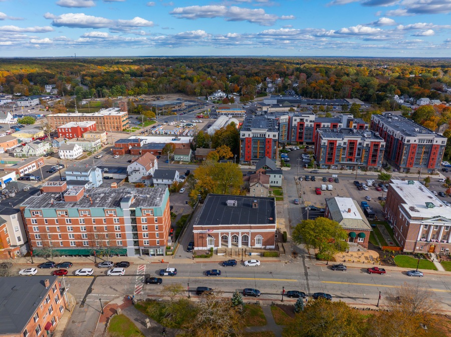 North Attleborough historic city center aerial view in fall on Washington Street at town common, city of North Attleborough, Massachusetts MA, USA.