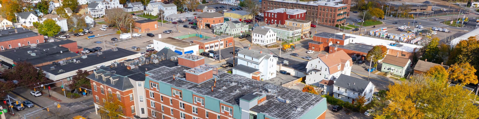 North Attleborough historic city center aerial view in fall on Washington Street at town common, city of North Attleborough, Massachusetts MA, USA.