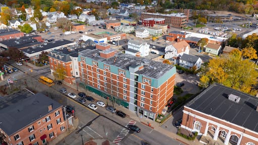North Attleborough historic city center aerial view in fall on Washington Street at town common, city of North Attleborough, Massachusetts MA, USA.