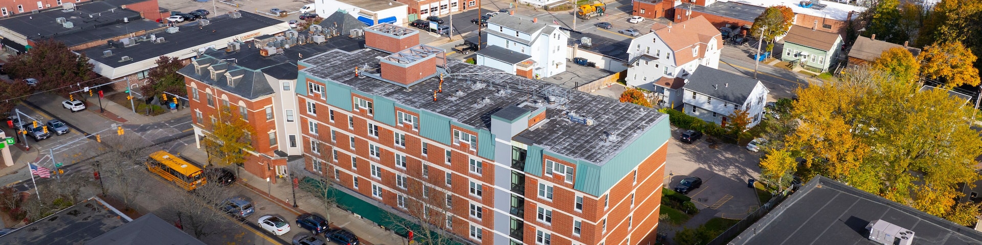 North Attleborough historic city center aerial view in fall on Washington Street at town common, city of North Attleborough, Massachusetts MA, USA.