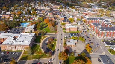 North Attleborough historic city center aerial view in fall on Washington Street at town common, city of North Attleborough, Massachusetts MA, USA.