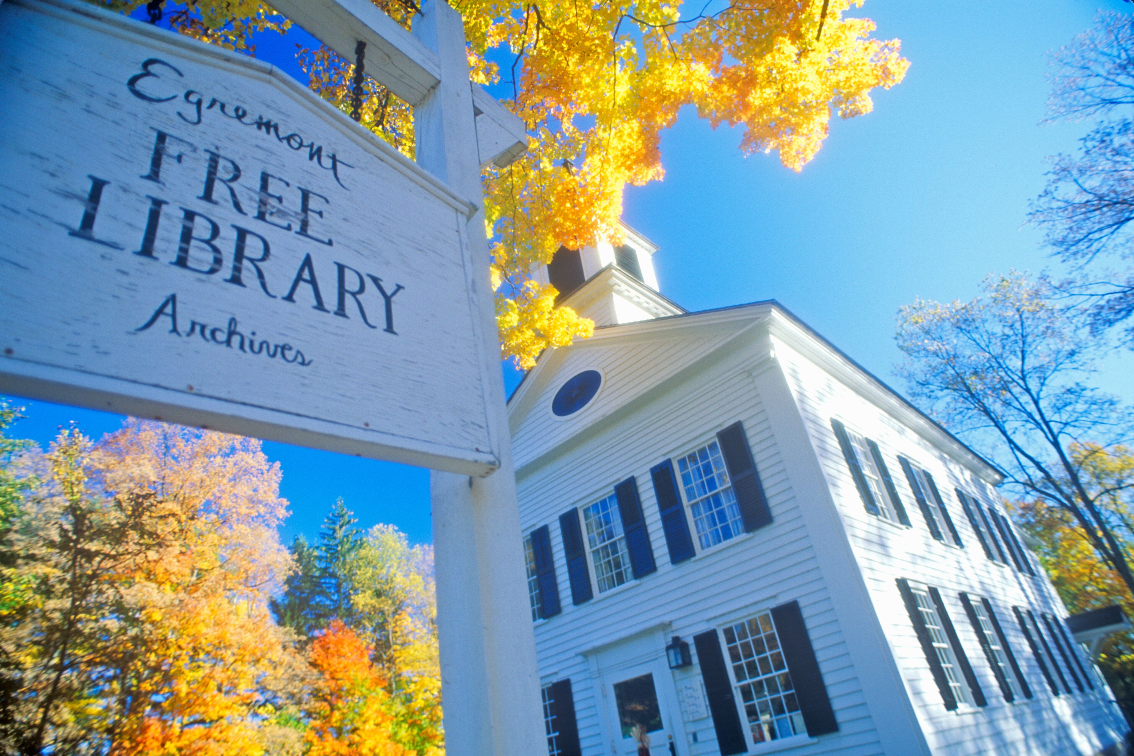 A white building with a sign that reads "Egnemont Free Library Archives."