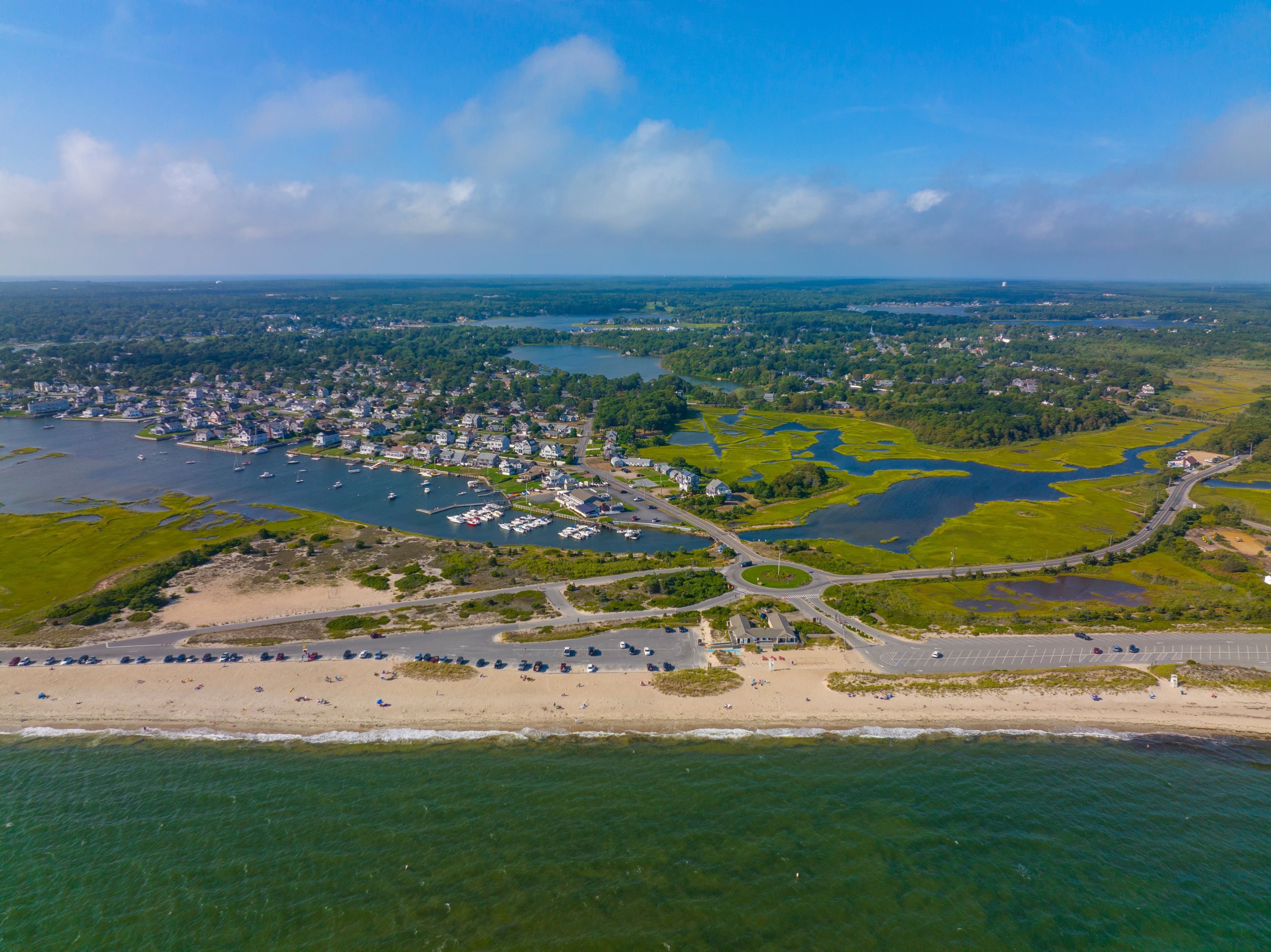 West Dennis Beach aerial view and West Dennis Yacht Club on Bass River mouth in town of Dennis, Massachusetts MA, USA. 