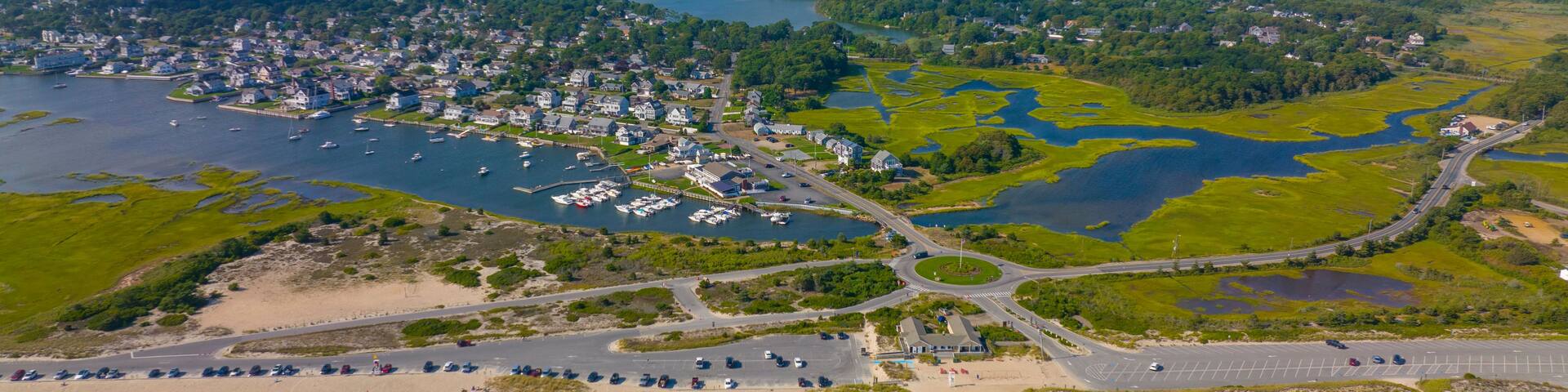 West Dennis Beach aerial view and West Dennis Yacht Club on Bass River mouth in town of Dennis, Massachusetts MA, USA.