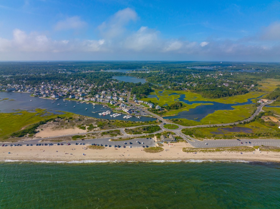West Dennis Beach aerial view and West Dennis Yacht Club on Bass River mouth in town of Dennis, Massachusetts MA, USA.