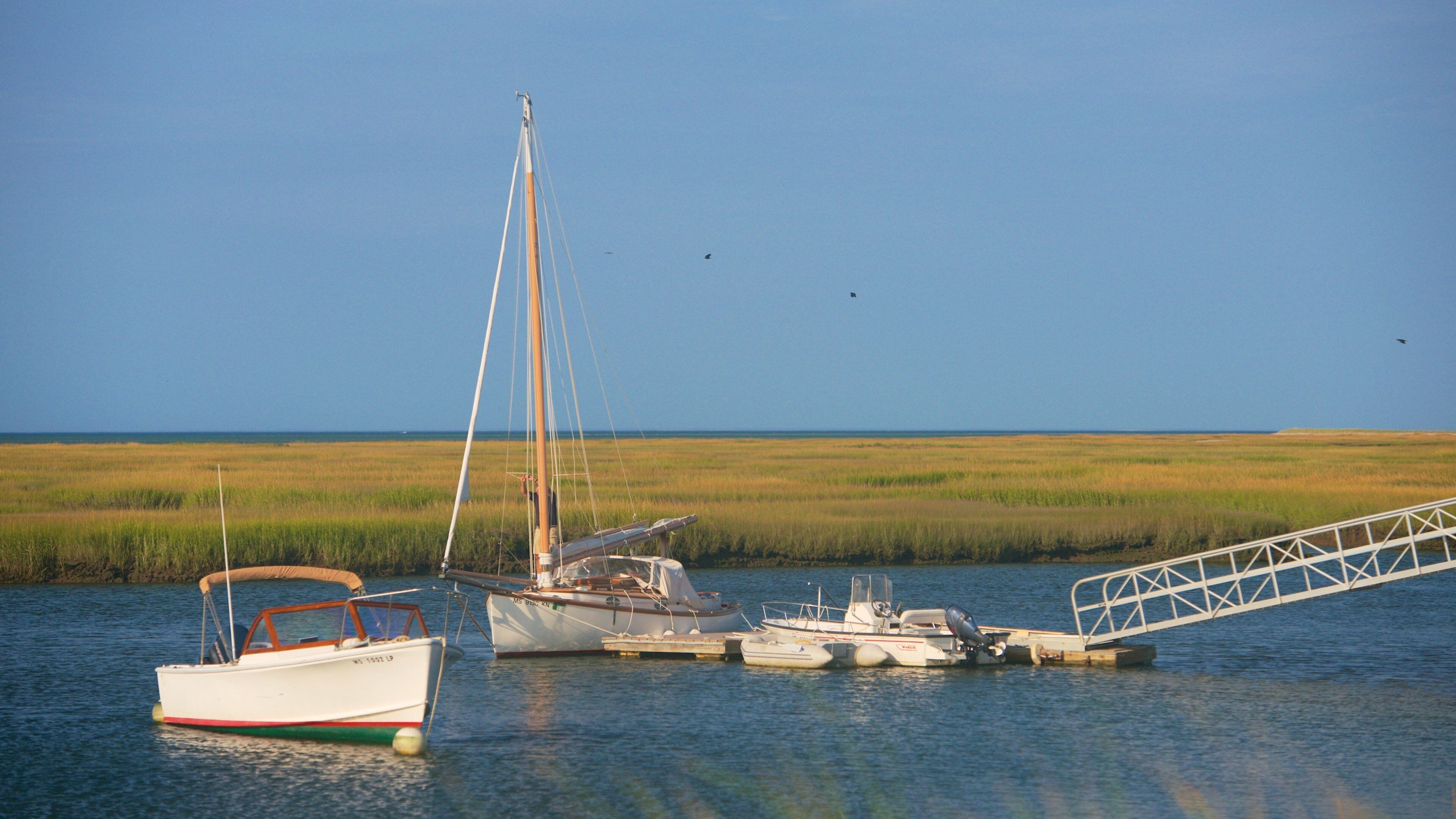 A calm waterway with several boats, including a sailboat and a motorboat, docked near a grassy marshland.