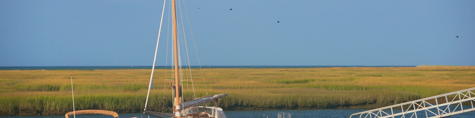 A calm waterway with several boats, including a sailboat and a motorboat, docked near a grassy marshland.
