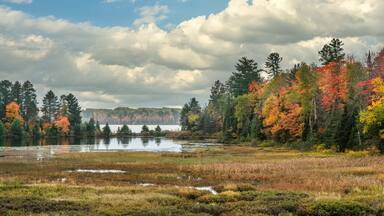 Autumn view over a marsh at Lake Michigamme from M28 Highway 41 in Michigan Upper Peninsula