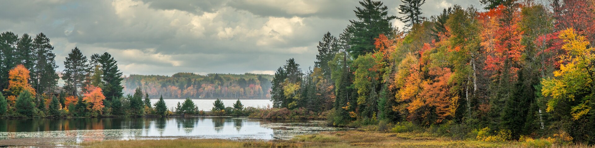 Autumn view over a marsh at Lake Michigamme from M28 Highway 41 in Michigan Upper Peninsula