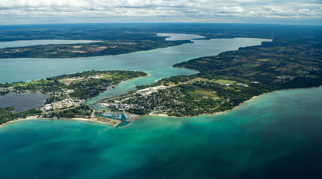 Aerial of Elk Rapids, Elk Lake, and Lake Michigan.