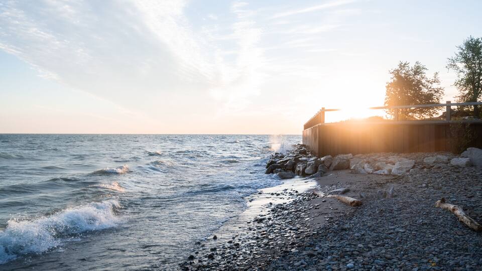 A rocky shoreline with waves, a wooden fence, and a tree silhouetted against the sunset.