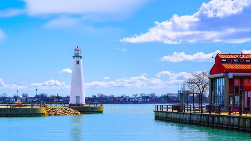 Milliken State Park Lighthouse, the iconic light tower at the harbor marina along the Detroit River in Michigan, USA