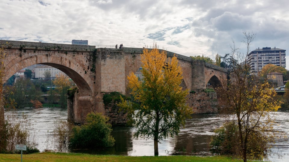 A stone bridge over a river, surrounded by autumn trees and a grassy bank.