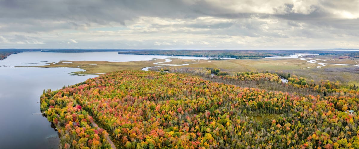 Autumn aerial view of Portage Lake  near Chassell in Michigan Upper Peninsula UP - Highway 41