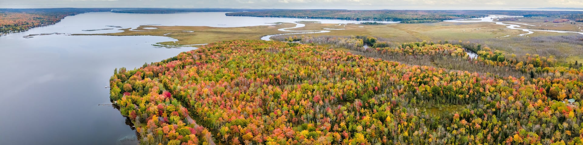 Autumn aerial view of Portage Lake near Chassell in Michigan Upper Peninsula UP - Highway 41