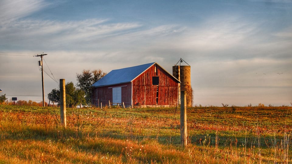 A red barn with a blue roof and a silo in a grassy field.
