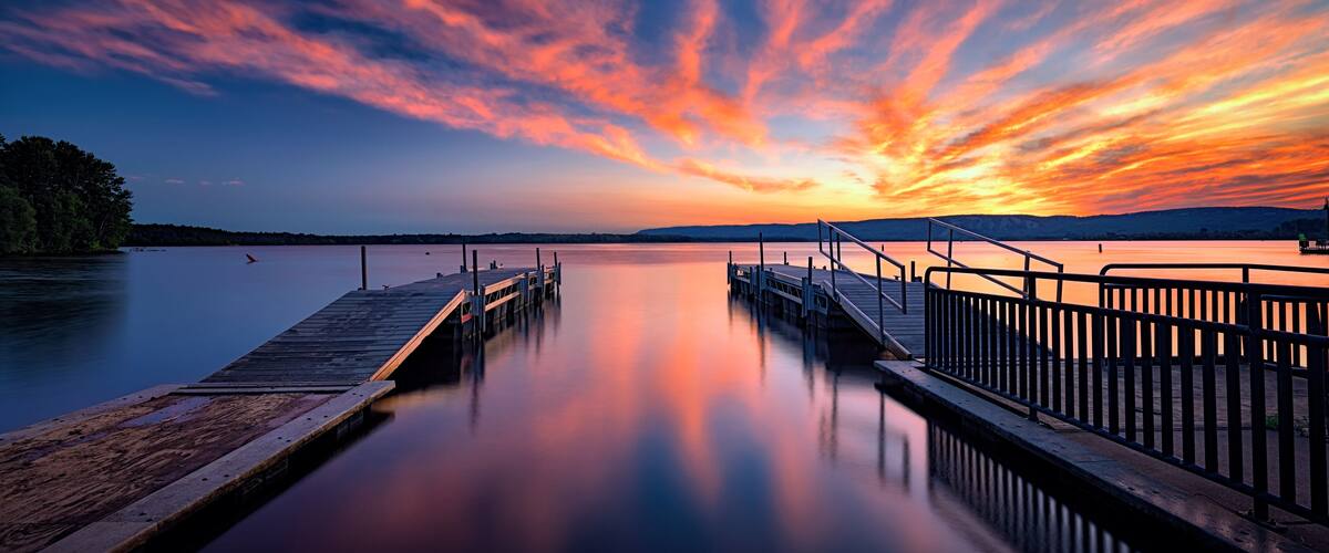 A sunset over a calm lake with a wooden dock extending into the water.