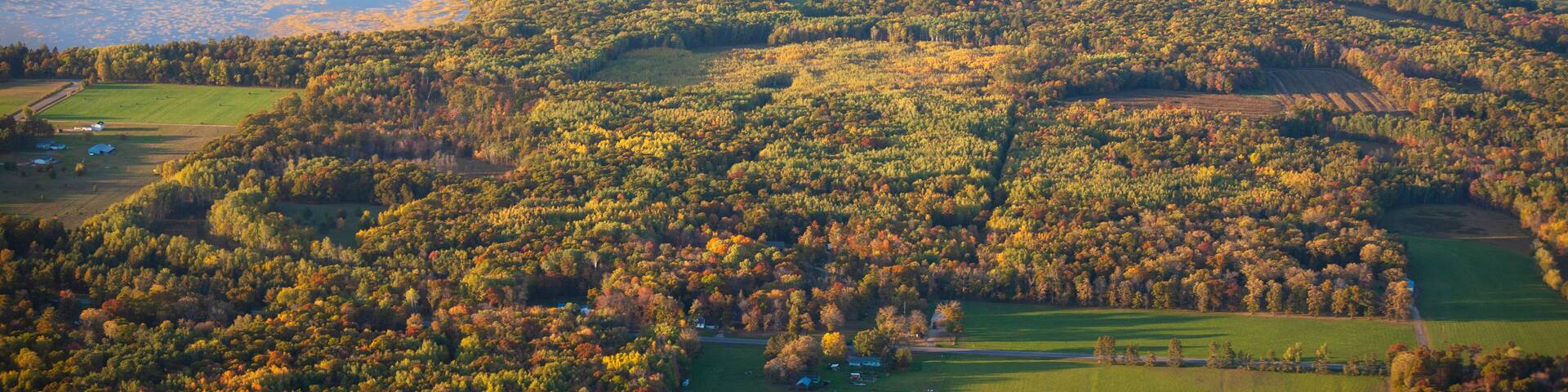 Aerial view of fields and trees in autumn color and lakes near Brainerd Minnesota
