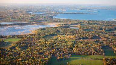 Aerial view of fields and trees in autumn color and lakes near Brainerd Minnesota