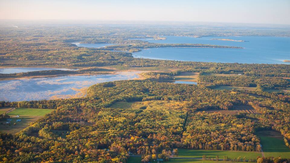 Aerial view of fields and trees in autumn color and lakes near Brainerd Minnesota