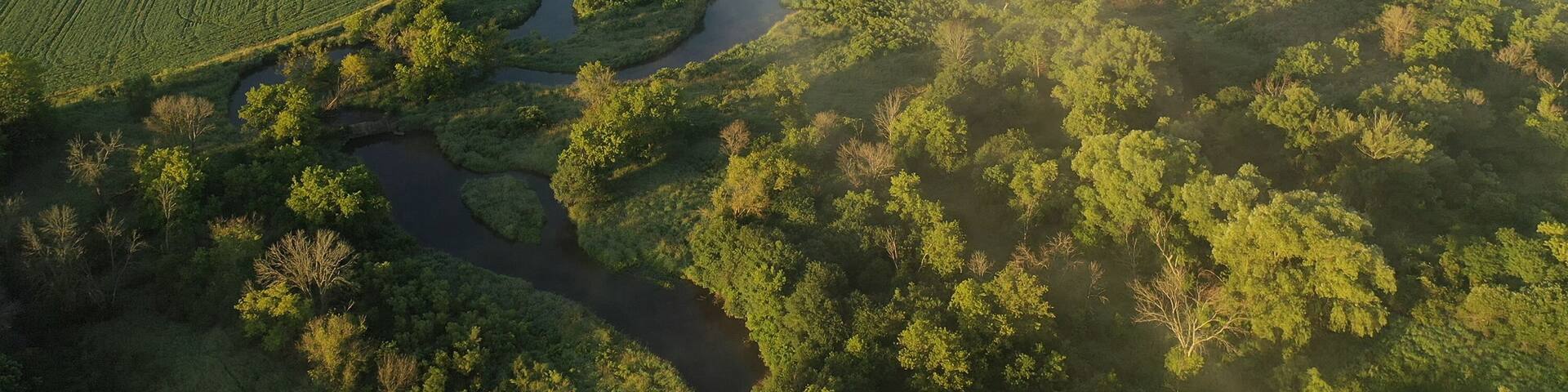 Aerial view of rural landscape with lush greenery, trees, river in the foreground and farmhouse, farmland in the background. American midwestern countryside scenery in the early sunny morning, summer