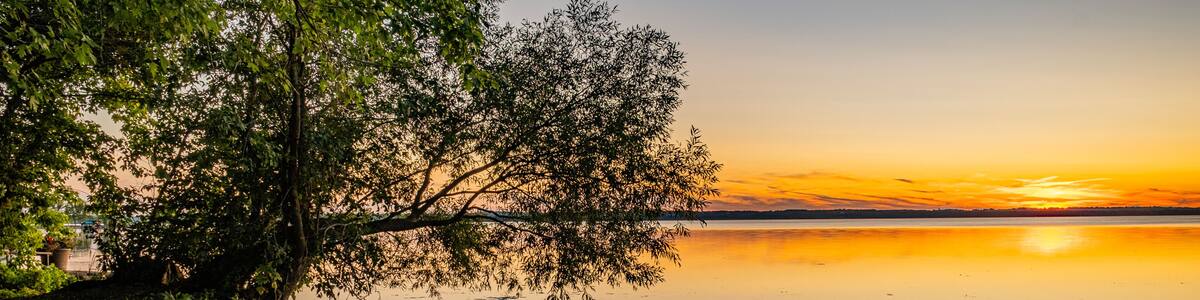 Un lac paisible au coucher du soleil, avec des arbres dont le reflet se mire à la surface de l’eau.
