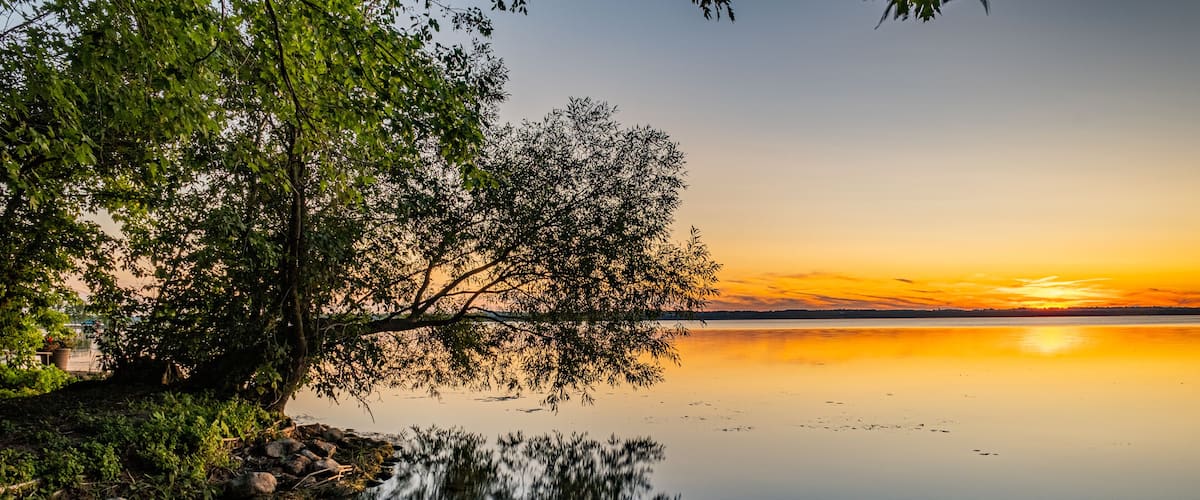A calm lake at sunset with trees reflecting on the water's surface.