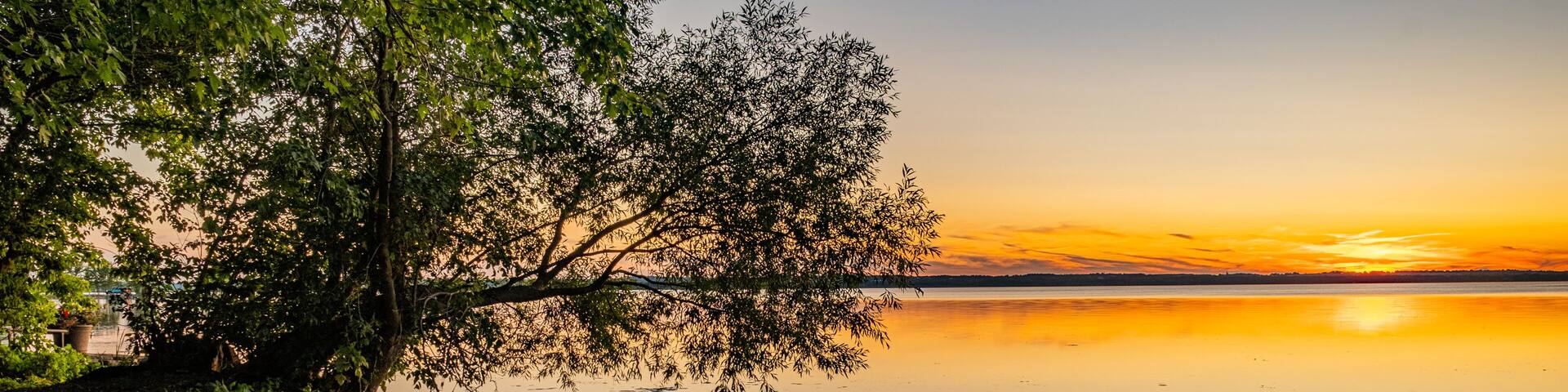 A calm lake at sunset with trees reflecting on the water's surface.