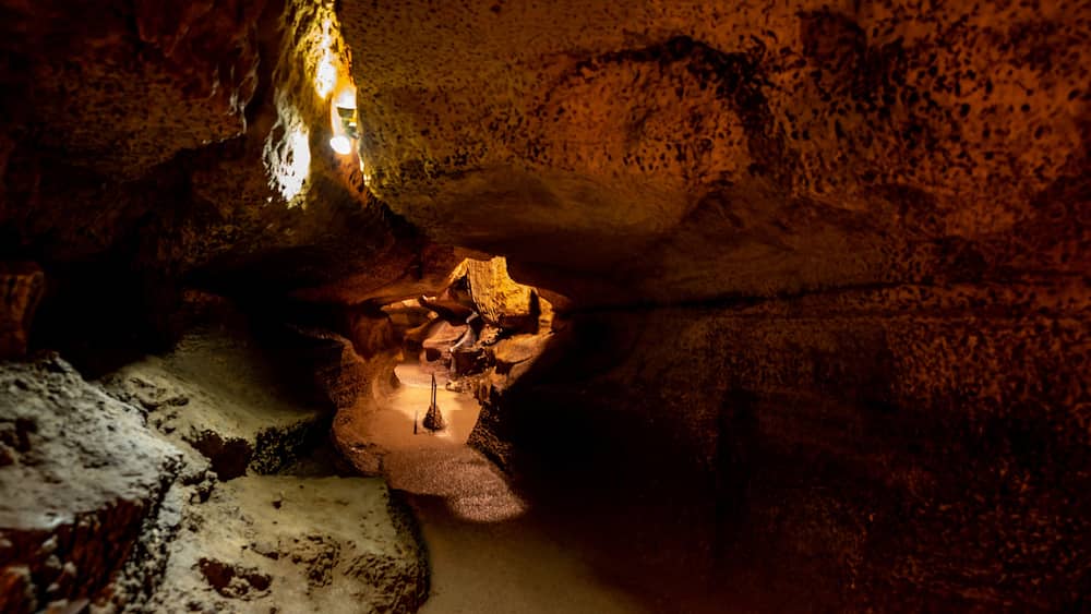 Lighted trail path in underground in Niagara Cave, MN