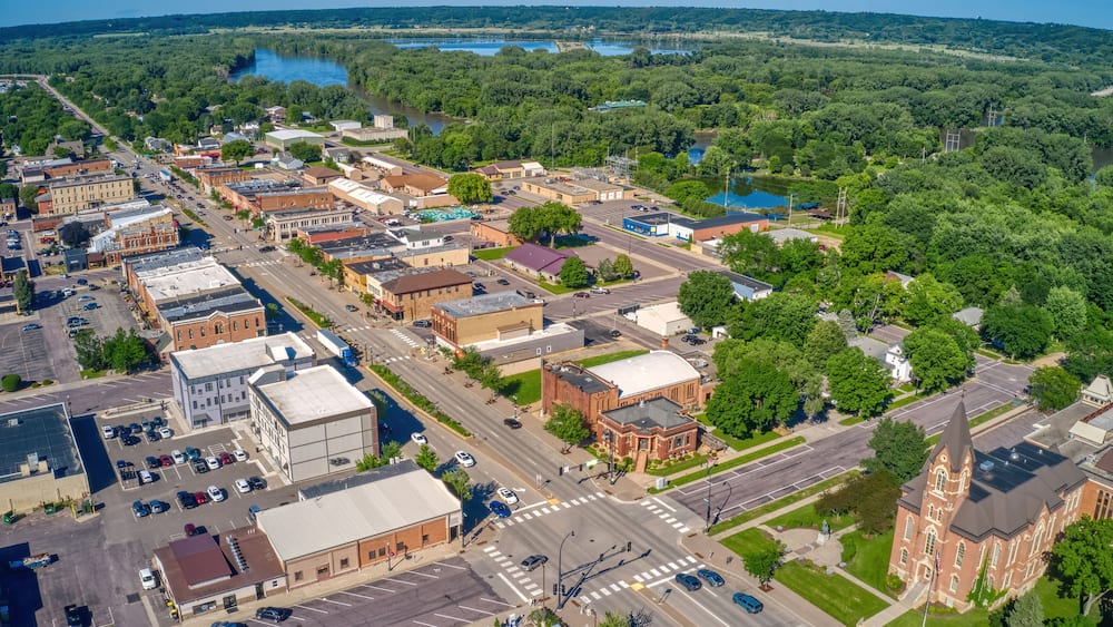 Aerial View of St. Peter, Minnesota Downtown Area during Summer