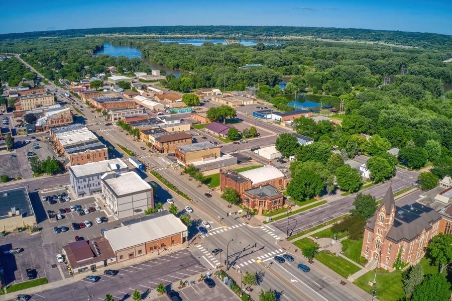 Aerial View of St. Peter, Minnesota Downtown Area during Summer