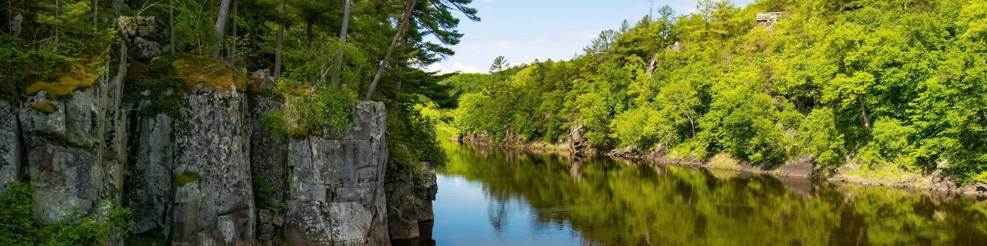 A calm river with dense green forest on both sides.